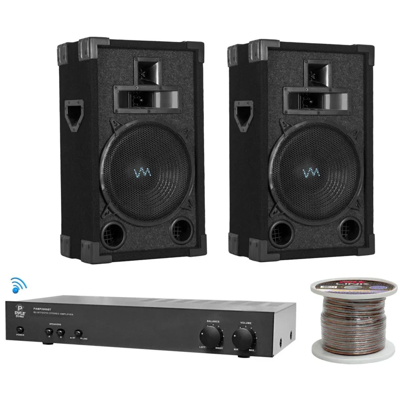 Bluetooth DJ Speakers - 2 VM Audio 8" DJ Speakers + Pyle 2000BT Amplifier + Wire