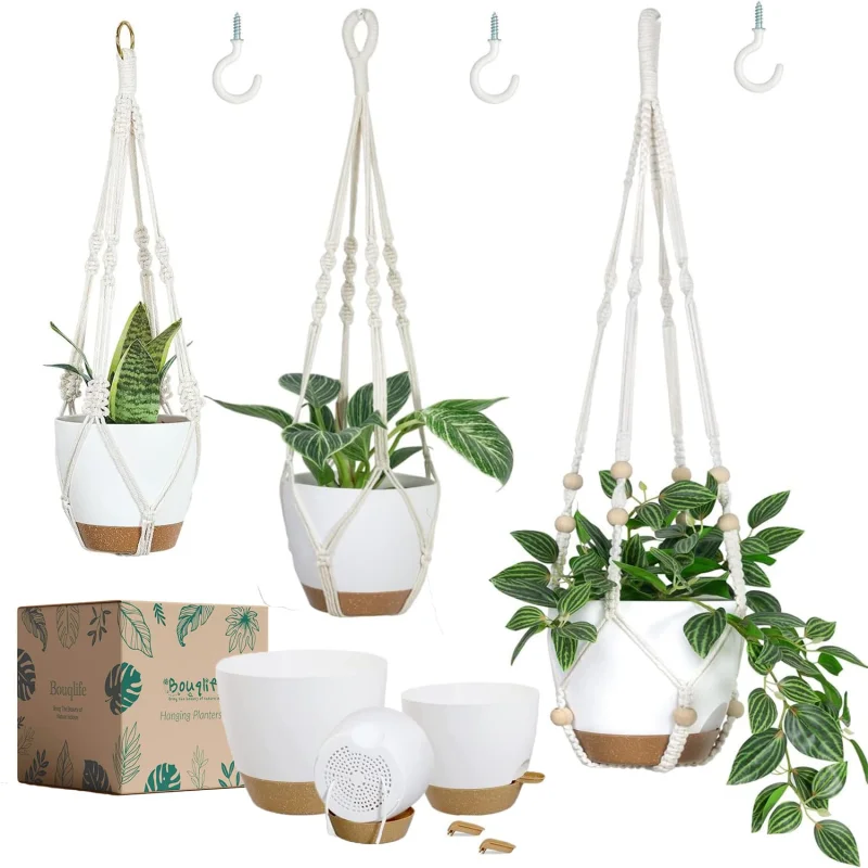 Bouqlife Hanging Planters with Macrame Plant Hangers for Indoor Outdoor Plants 3 Set Self Watering Pots Hanging Baskets Flower Pot Holders 3 Different Size
