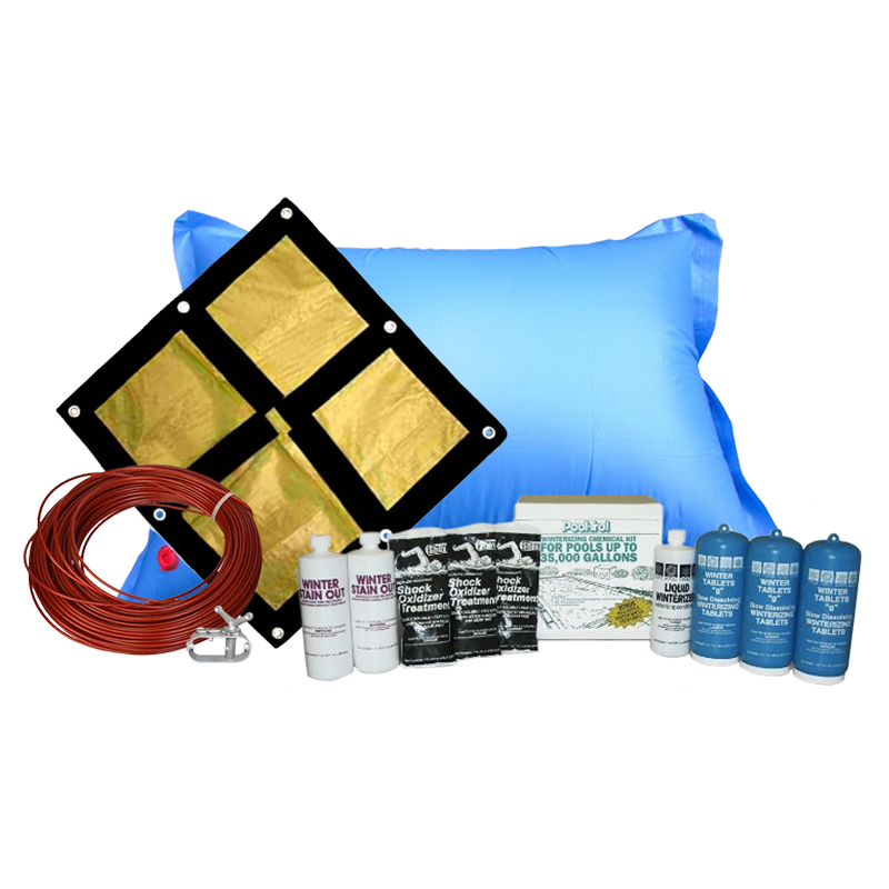 28' Round Emperor Soild Winter Cover Bundle with 35k Chemical Closing Kit and 4' x 8' Air Pillow