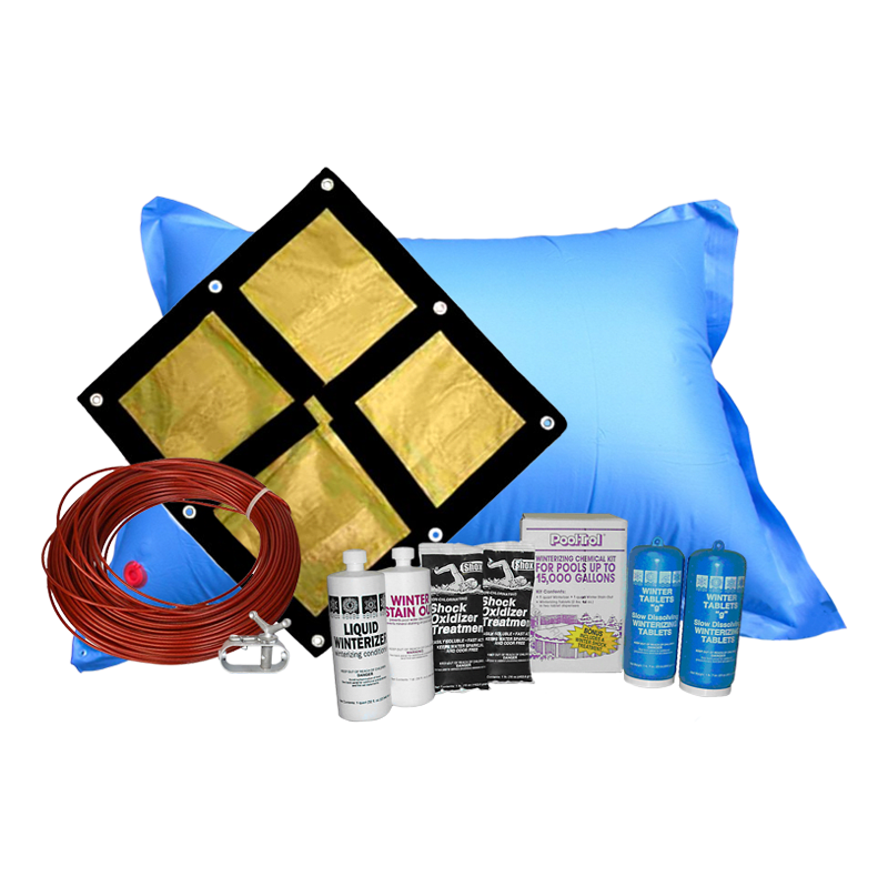 12'x24' Oval Emperor Soild Winter Cover Bundle with 15k Chemical Closing Kit and 4' x 8' Air Pillow