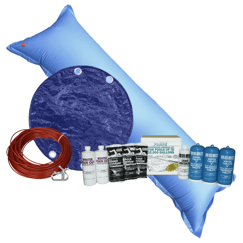 16'x32' Oval Royal Solid Cover Bundle with 35k Chemical Kit and 4.5' x 15' Air Pillow