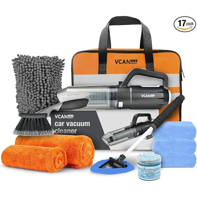 Car Cleaning kit, Car Interior Detailing kit with 10000pa Car Vacuum Cleaner, Wheel Brush, Windshield Cleaner Tool, Microfiber Towel, Wash Mitt, Interior and Exterior Car Wash kit with Bag