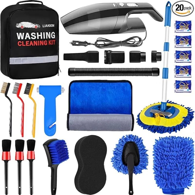 Car Cleaning Kit Car Wash Kit with High Power Handheld Vacuum Automobile Detailing Brush Kits Microfiber Towels Tire Brush Washing Mitt Sponge Safety Hammer Cleaning Wash Kits