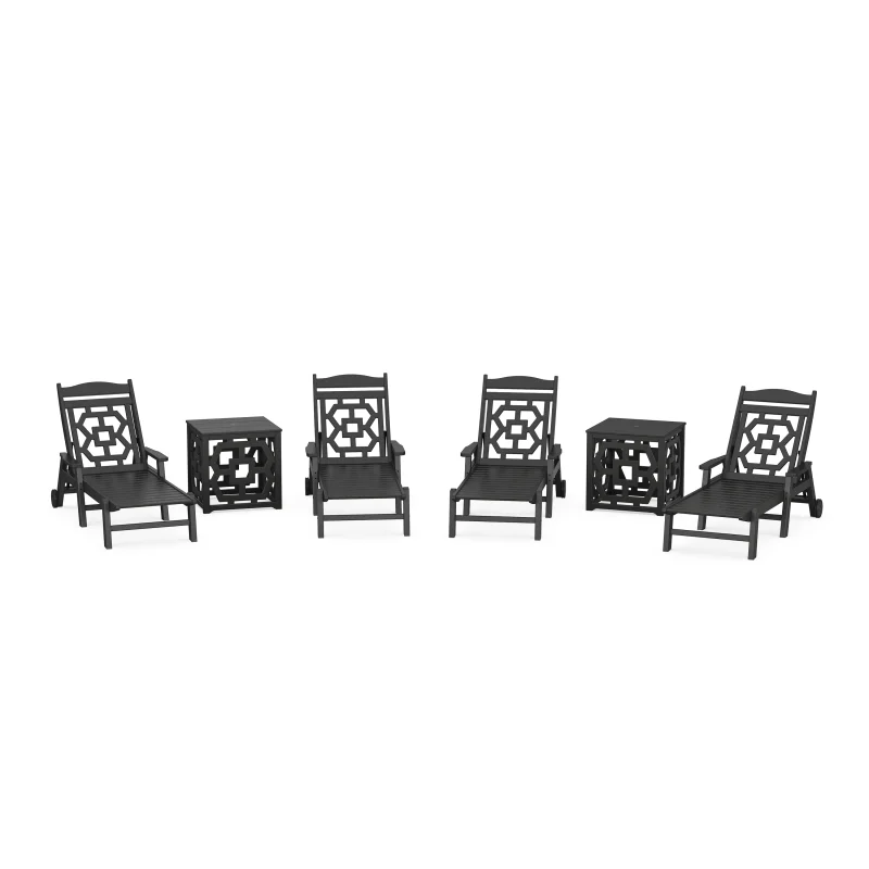 Chinoiserie 6-Piece Chaise Set with Umbrella Stand Accent Table Black