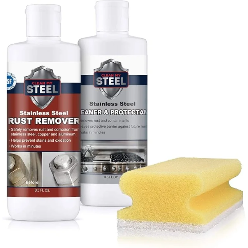 CLEAN MY STEEL Stainless Steel Rust Stain Remover & Cleaner Kit, NSF Safe for Food Areas. Includes Cleaner for Commercial Equipment, Appliances, Gloves & Sponge (8.5 oz)