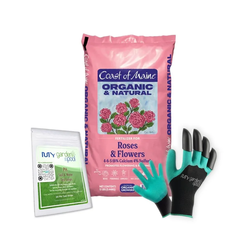 Coast of Maine RF6501 Rose & Flower Plant Food 12 LBNatural Organic Fertilizer for Roses & Perennials with My Garden Pool Soil Test Strips & Gardening Claw Gloves