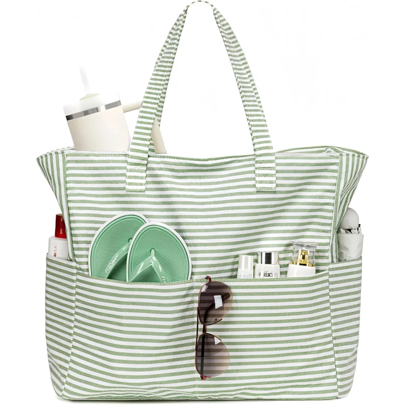 Coastal Collection | Large Waterproof Beach Tote Bag with Zipper & Wet Pocket | Versatile for Travel, Gym, and Grocery 1 Piece - Quilted Green 0.5