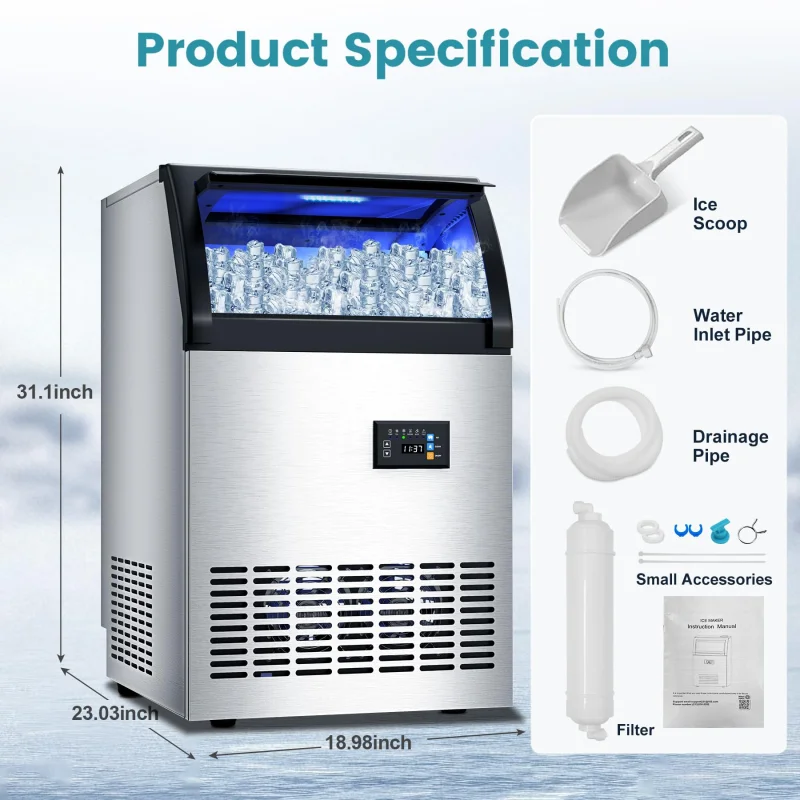 Commercial Gourmet Ice Maker Machine, 115 Lbs/24H, 55 Lbs Storage, Stainless Steel Freestanding/Under Counter Ice Machine with Water Filter & Scoop for Office, Bar, and Restaurant