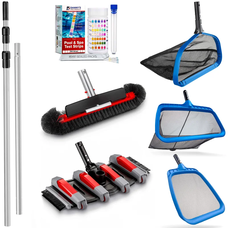 Complete Pool Cleaning Kit -15ft Pole, Vacuum, Brush, 3 Heavy-Duty Nets, Water Testing Strips