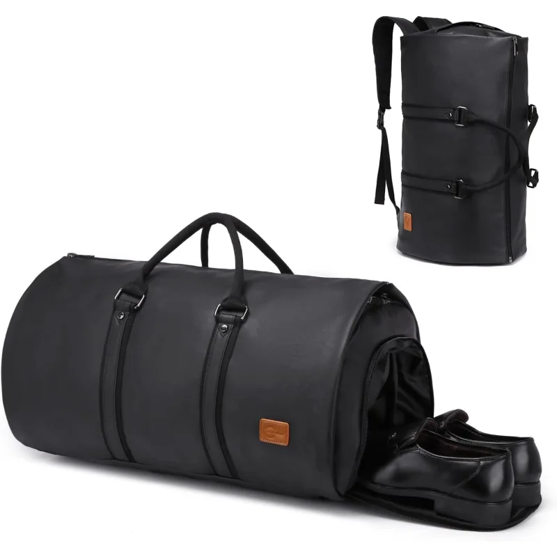 Convertible Travel Duffel Bag with Waterproof PU Leather & Shoe Compartment | Versatile Weekender for Business and Leisure Black