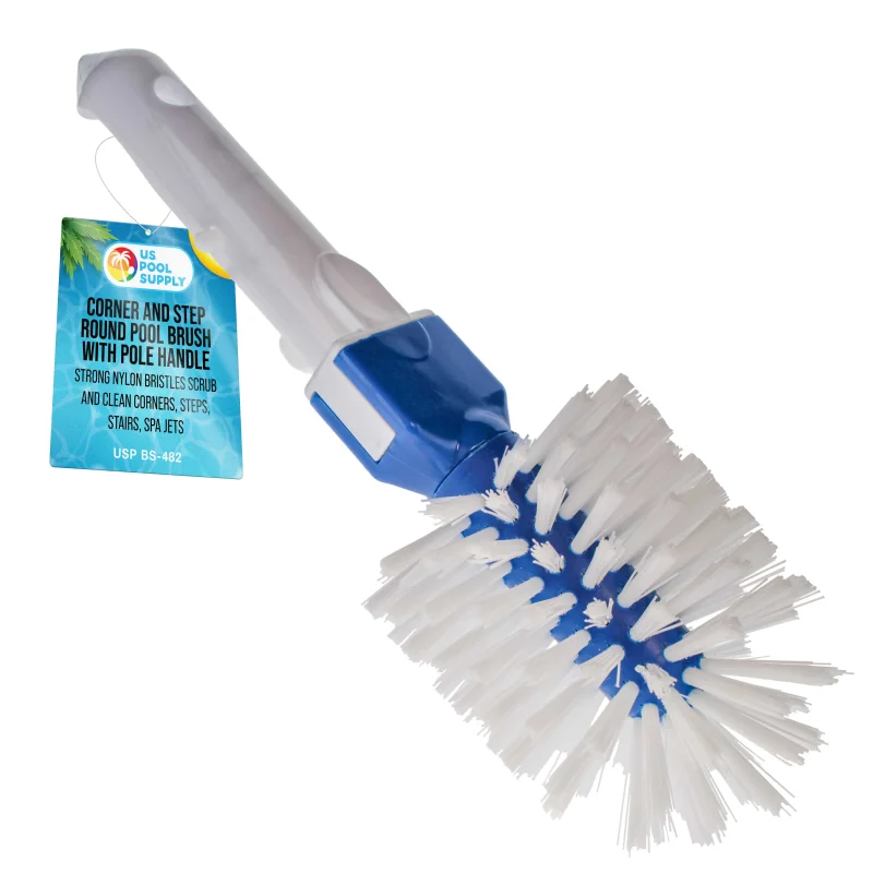 Corner and Step Round Pool Brush with Pole Handle - Strong Nylon Bristles Scrub Clean Corners, Steps, Stairs, Spa Jets, Remove Debris