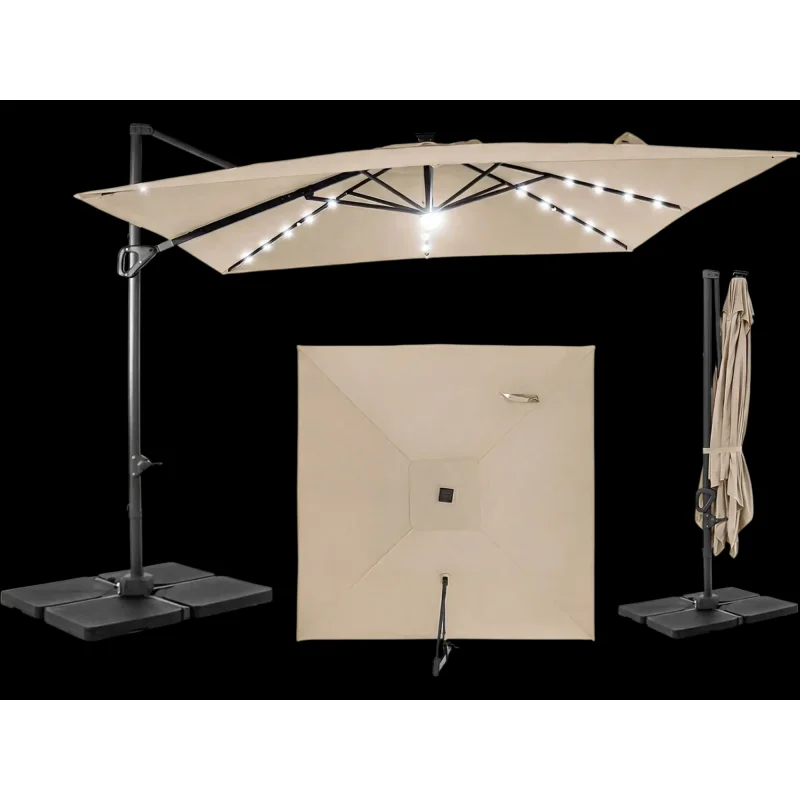 Costway 10' Cantilever Patio Umbrella w/ 32 Solar LED Lights & 220 lbs Base 26406390 New Beige