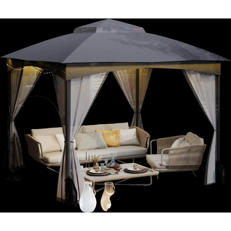 Costway 10' x 10' Heavy-Duty Patio Gazebo w/ Netting Walls & 4 Sandbags Gray 169735284 New Gray