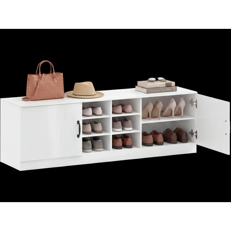 Costway 2-Door Shoe Bench Storage Cabinet Adjustable Shelves 66533871 New White