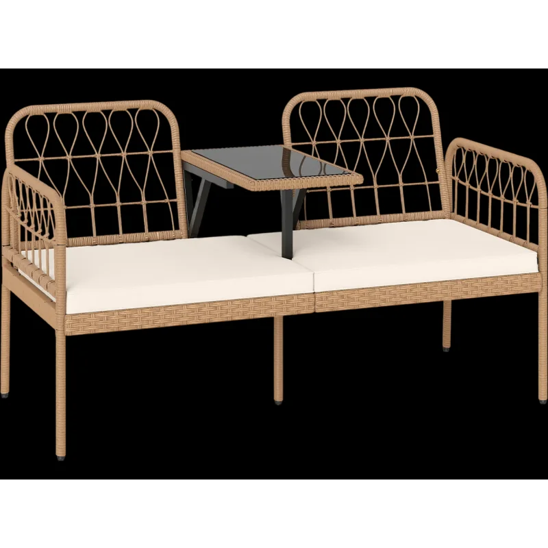 Costway 2-Seat PE Rattan Outdoor Loveseat Bench w/ Built-In Coffee Table & Cushions 37745003 New