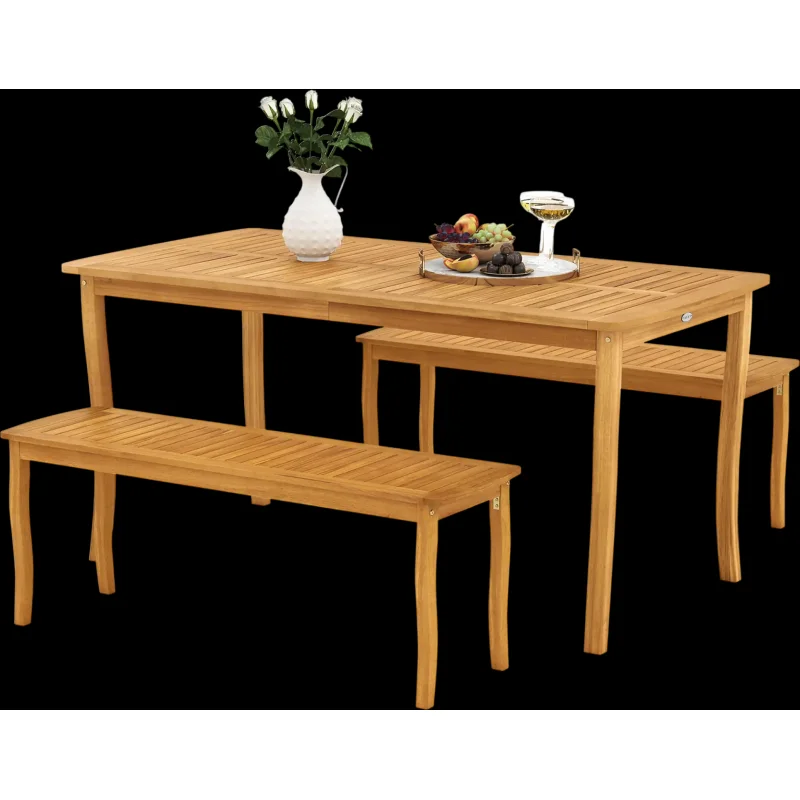 Costway 3-Pc Patio Dining Set Acacia Wood Table Benches 54358244 New