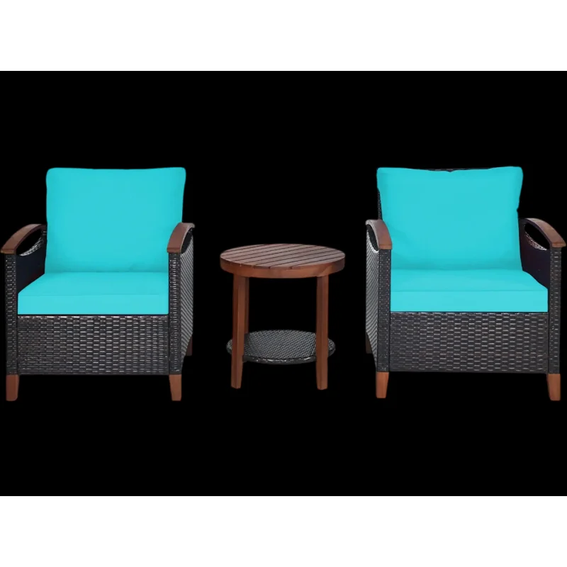 Costway 3-Pc Patio Wicker Furniture Set w/ Washable Cushions Acacia Wood Table 36891502 New Turquoise