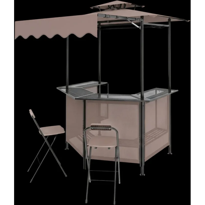 Costway 3-Piece Patio Bar Set Outdoor Grill Gazebo w/ 2 Folding Bar Stools 30461468 New Brown