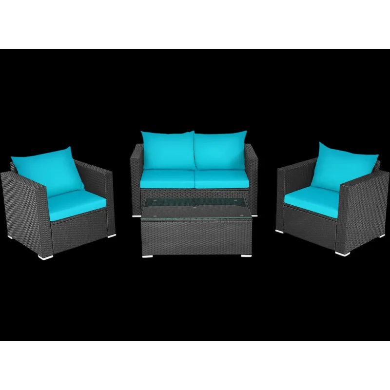 Costway 4-Piece Patio Rattan Conversation Set w/ Padded Cushions 69184750 New Turquoise