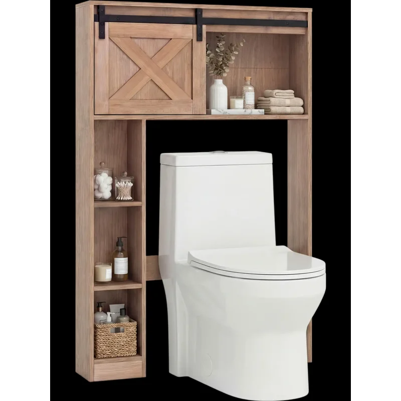 Costway 4-Tier Over Toilet Storage Cabinet Sliding Barn Door Shelves 52398614 New Brown