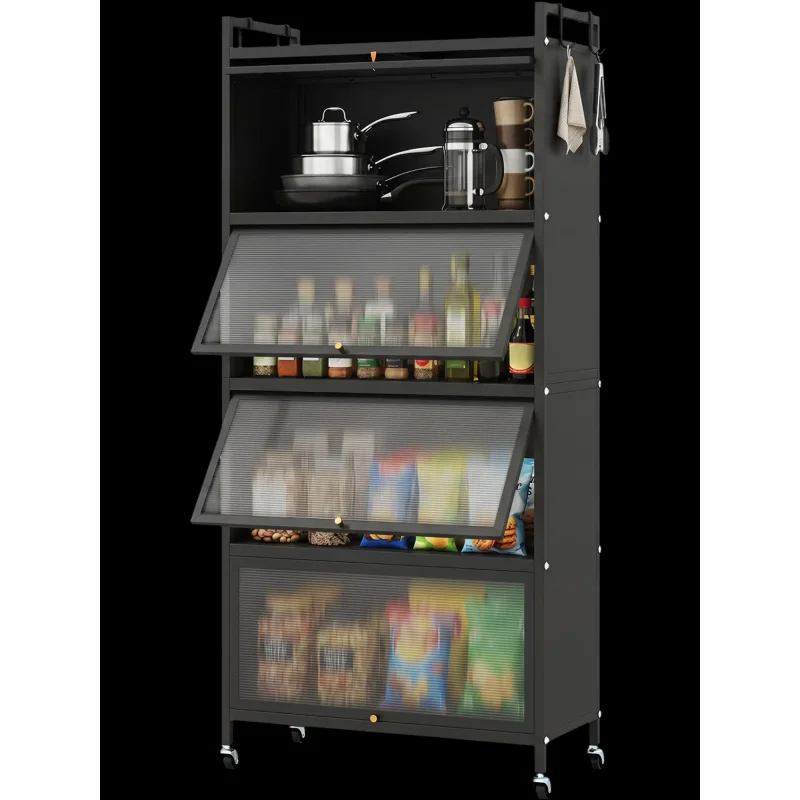 Costway 5-Tier Kitchen Storage Cabinet w/ 4 Flip-Up PC Doors & Wheels 86131407 New Black