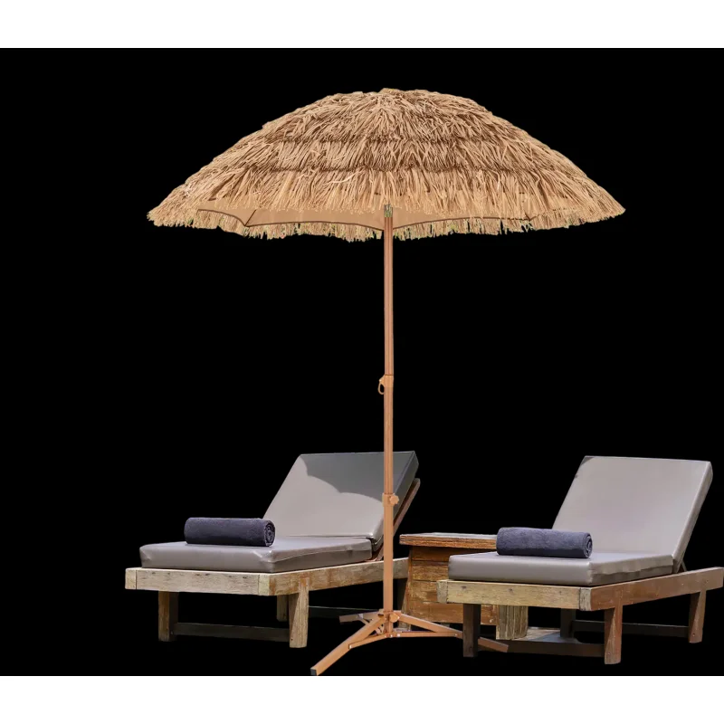 Costway 6.5' Thatched Tiki Outdoor Umbrella Foldable Stand Push Button Tilt Natural 78546291 New