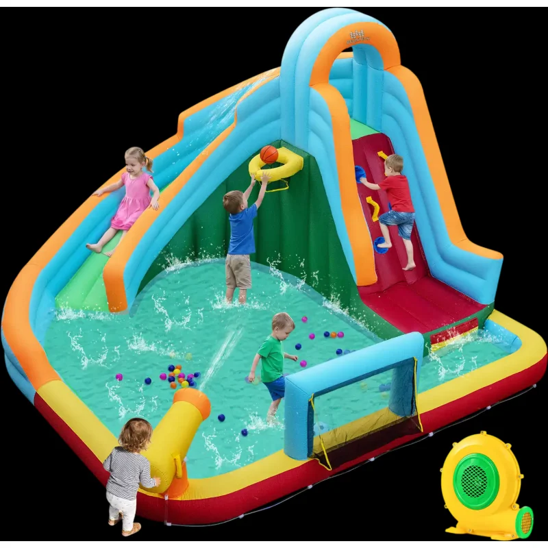 Costway 6-in-1 Inflatable Water Slide Park Bounce House Long Slide Splash Pool Climbing Wall 83337550 New