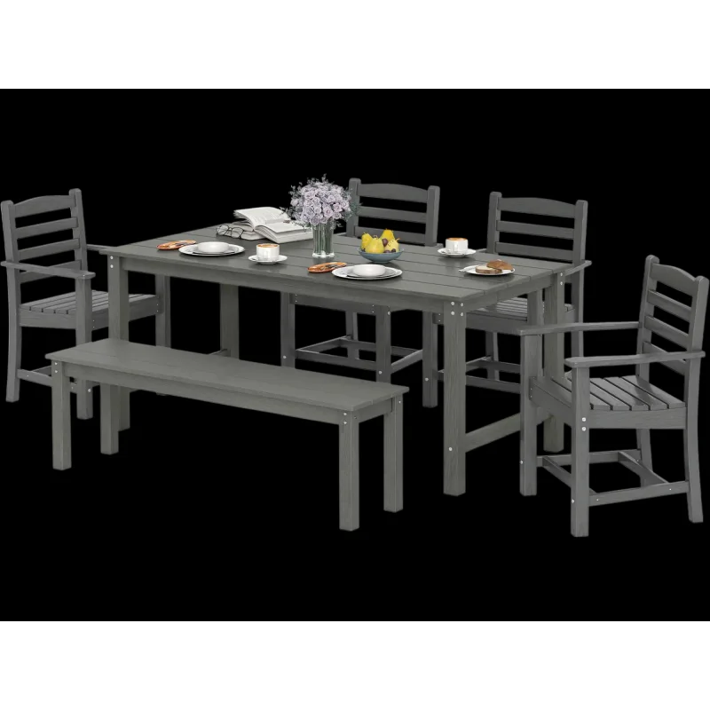 Costway 6-Pc Outdoor Patio Dining Bench Set HDPE Weather Resistant 34113101 New Gray