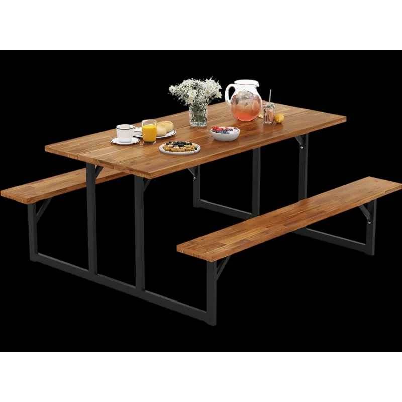 Costway 6-Person Acacia Wood Picnic Table w/ 2 Built-In Benches 941325876 New