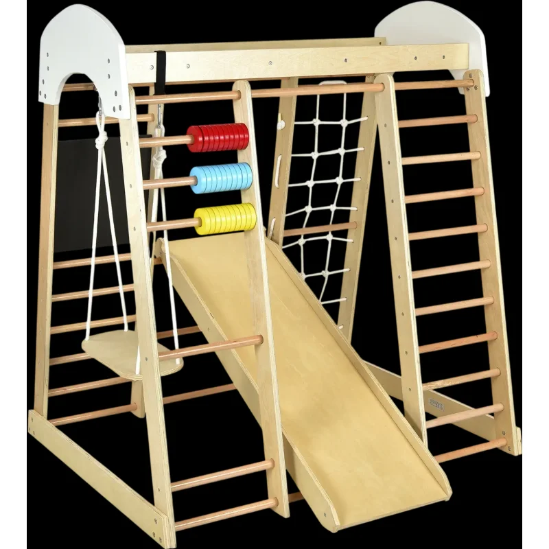 Costway 8-in-1 Wooden Climber Play Set Slide Swing for Kids 13920864 New Natural