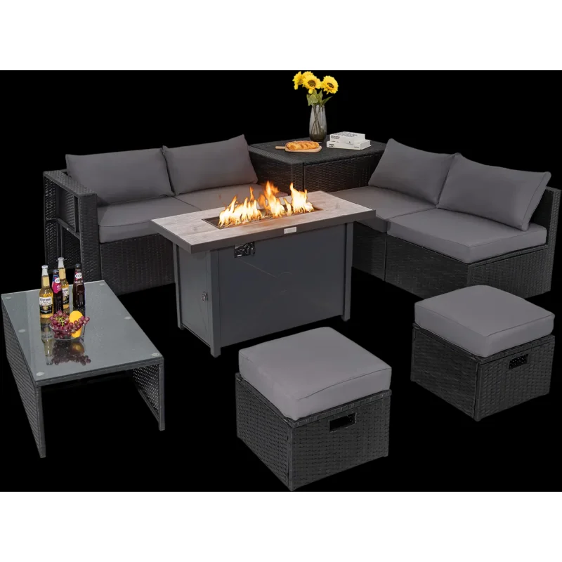 Costway 9-Piece Outdoor PE Rattan Wicker Sectional Sofa w/ 42" 60,000 BTU Gas Fire Pit Table Gray 672845319 New Gray