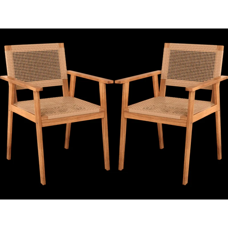 Costway Acacia Wood Outdoor Patio Dining Chairs Set of 2 PE Rattan Backrests Armrests 74080133 New