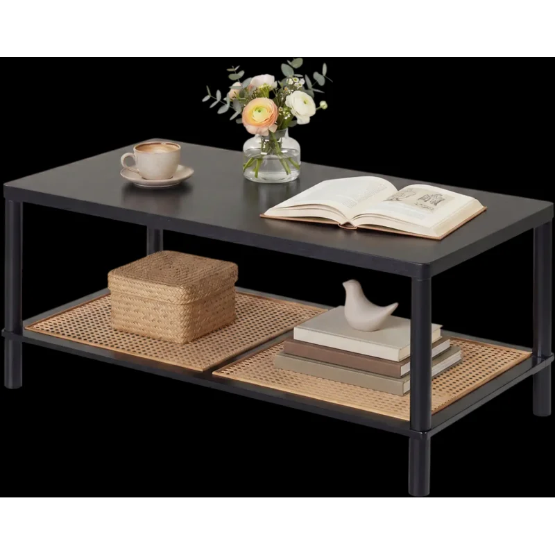 Costway Boho 2-Tier Rectangular Coffee Table w/ Rattan Shelf 33423418 New Black