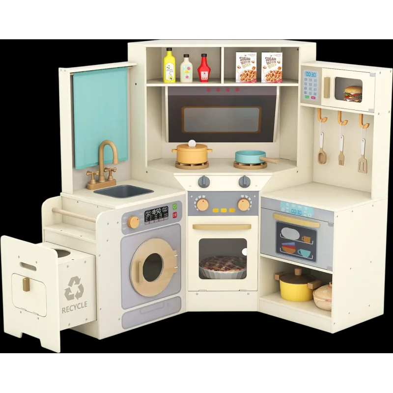 Costway Corner Kids Play Kitchen Lights Sounds Pull-Out Trash Can Stoves 12925845 New Off White