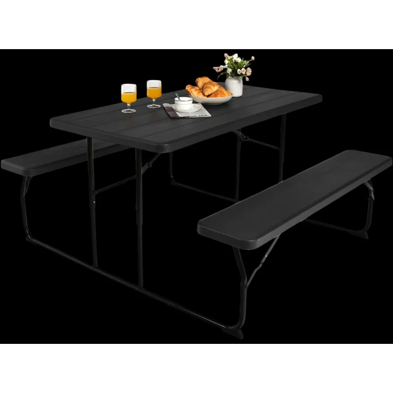 Costway Folding Picnic Table Bench Set Indoor Outdoor Wood-Like Texture Black 56341807 New Black