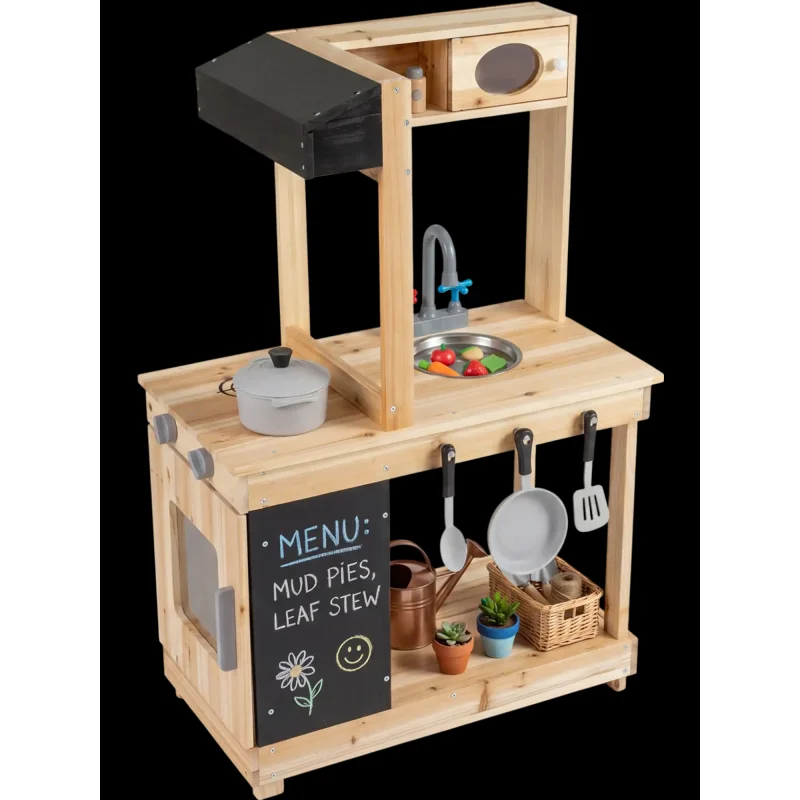 Costway Kids Outdoor Wooden Mud Kitchen Playset Stoves Chalkboard 61280686 New