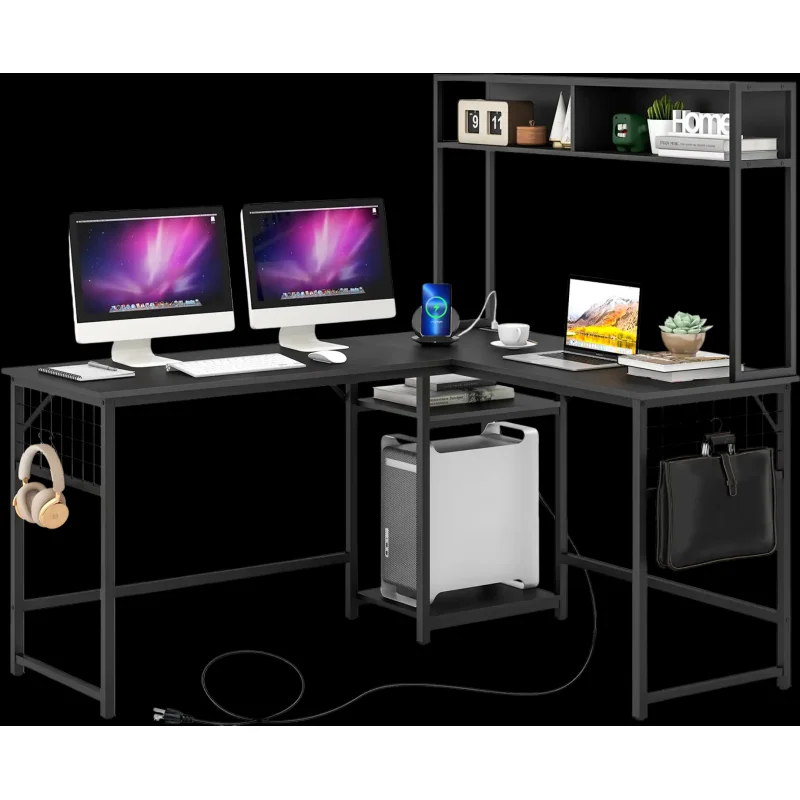 Costway L-Shaped Desk with Power Outlet Hutch 89472365 New Black