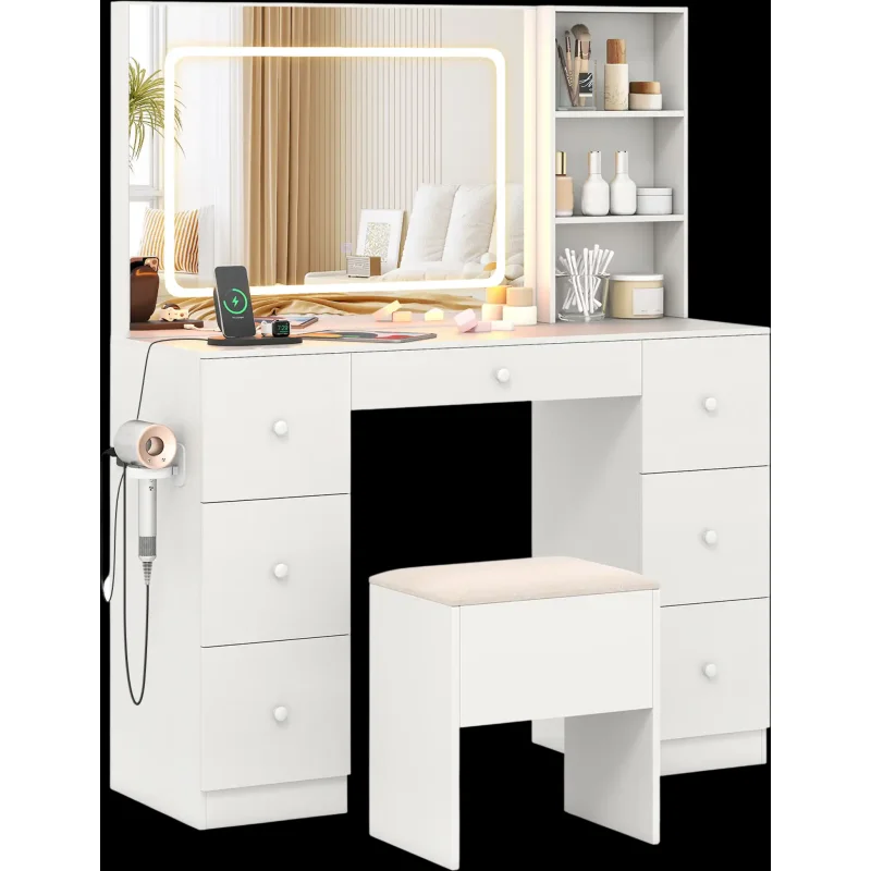 Costway Lighted Vanity Desk with Mirror Stool Set 37602237 New