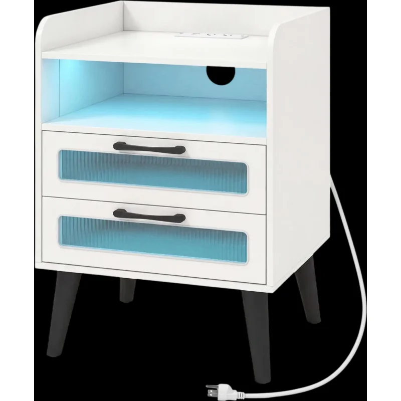 Costway Mid Century Modern Nightstand w/ Charging Station LED Lights 51115476 New