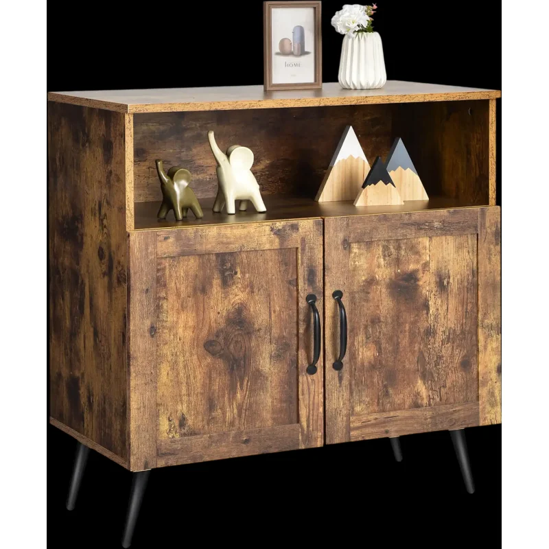 Costway Mid-Century Wooden Storage Cabinet Wine Glass Holders Rustic Brown 98532614 New