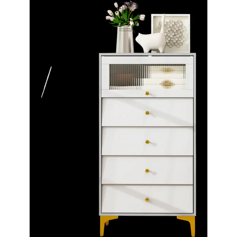 Costway Modern 4 Drawer Storage Cabinet Flip-Up Fluted Glass Door Gray White 719538426 New
