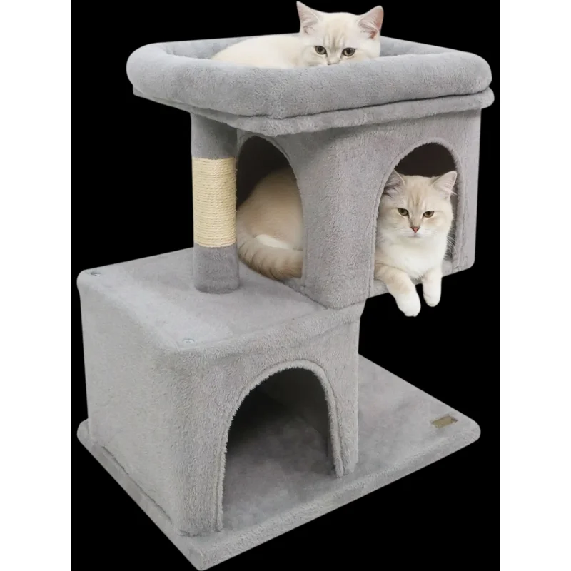 Costway Modern Space-Saving Cat Tree Tower w/ Upholstered Perch & 2 Condos 28322697 New Gray