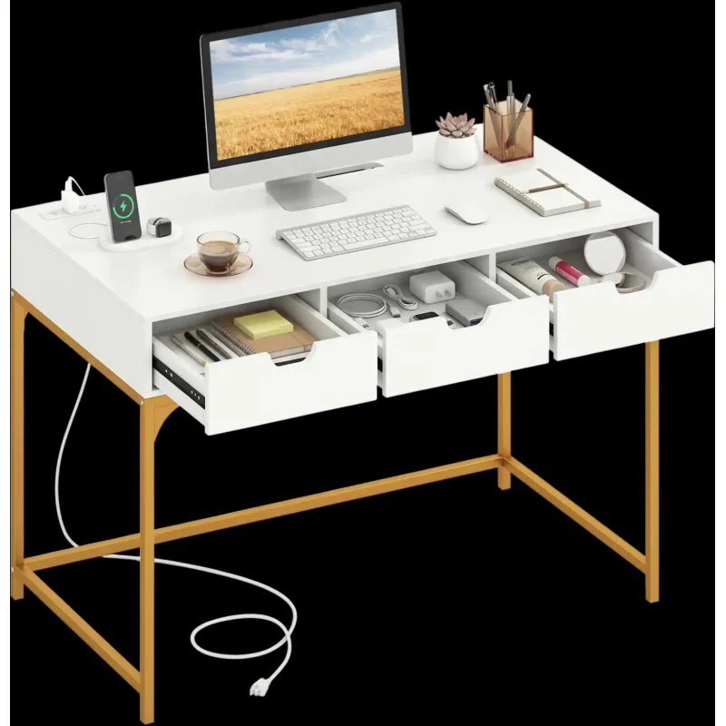 Costway Office Desk with Power Outlets Hidden Compartment 54781937 New White