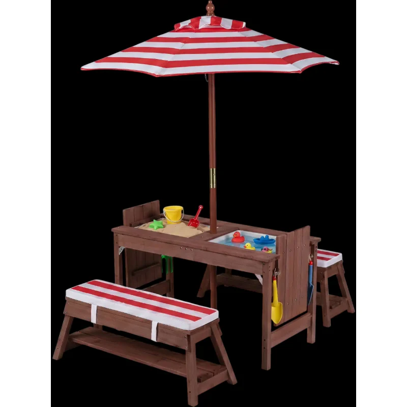 Costway Outdoor Kids Wooden Picnic Table Benches Umbrella 32512200 New Red