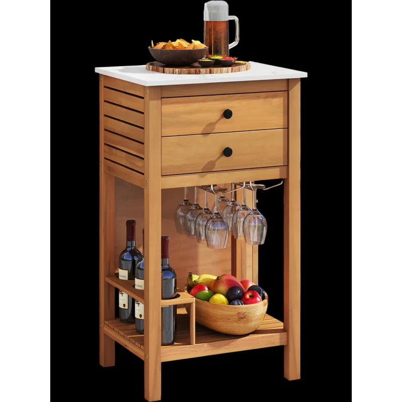 Costway Patio Acacia Wood Storage Cabinet Buffet Bar Table Faux Marble Countertop 37427976 New