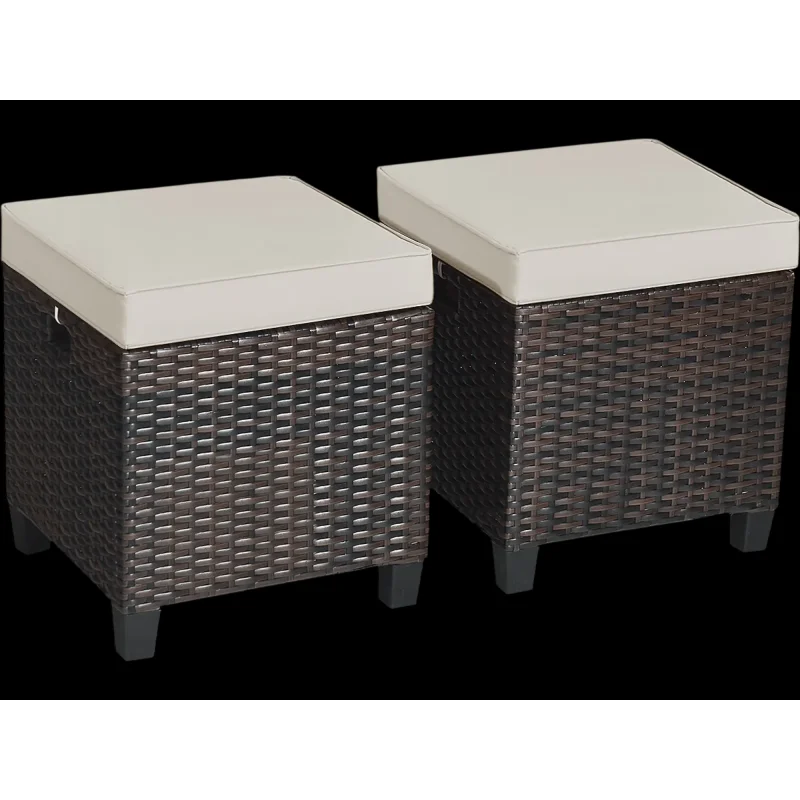 Costway Patio Rattan Ottomans w/ Removable Cushions 2-Pc Set 87142530 New Beige