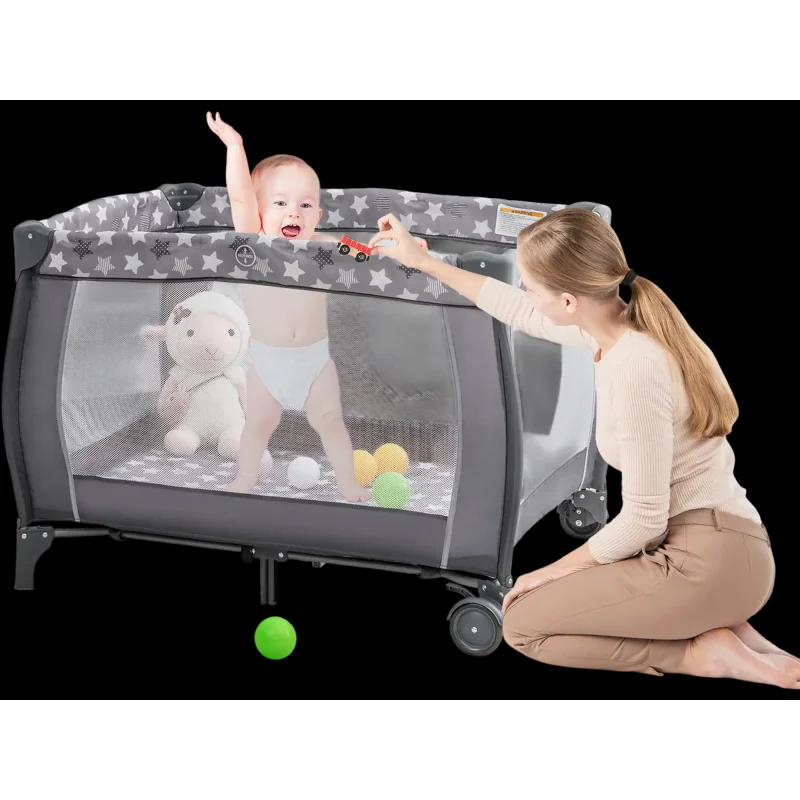 Costway Portable Baby Playard Changing Table Bassinet Music Box Gray 14783296 New Gray