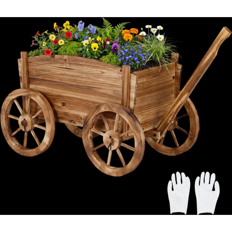 Costway Rustic Rolling Wooden Wagon Planter Flower Pot Stand w/ Wheels Handle 42639827 New
