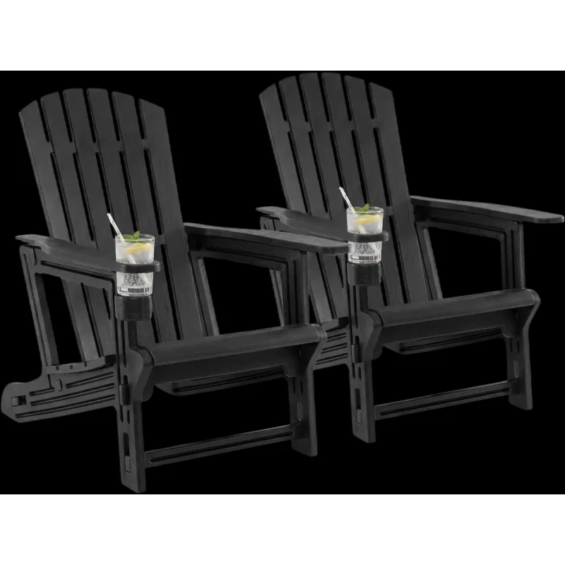 Costway Set of 2 HDPE Adirondack Chairs w/ Cup Holder Wood-Like Texture 35171320 New Black