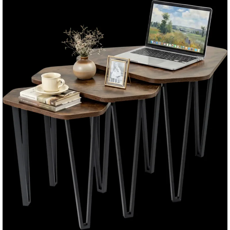 Costway Set of 3 Nesting Coffee Tables Engineered Wood Top Metal Frame 57672210 New